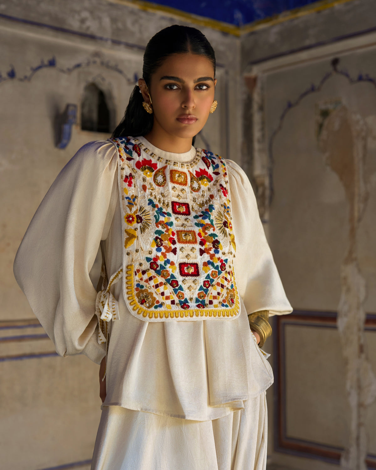Ivory Embroidered Cowl Pant Set
