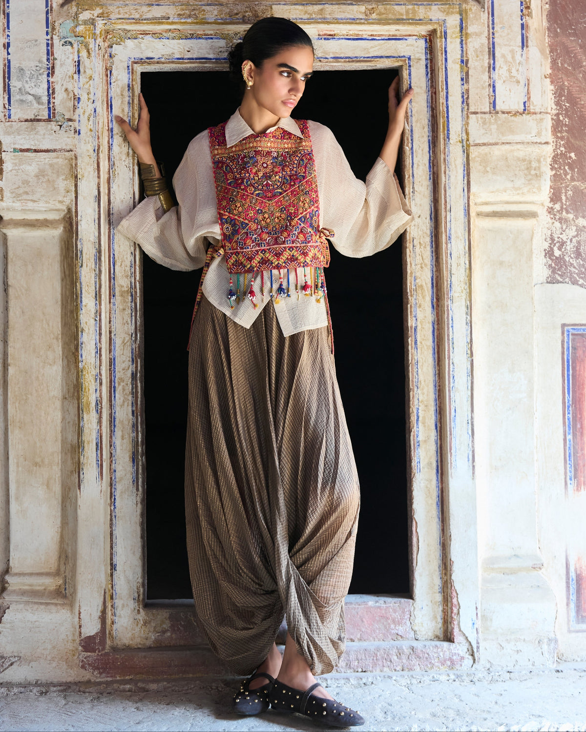 Multicolour Embroidered Cowl Pant Set