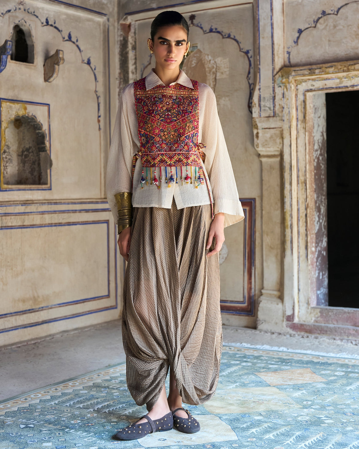 Multicolour Embroidered Cowl Pant Set