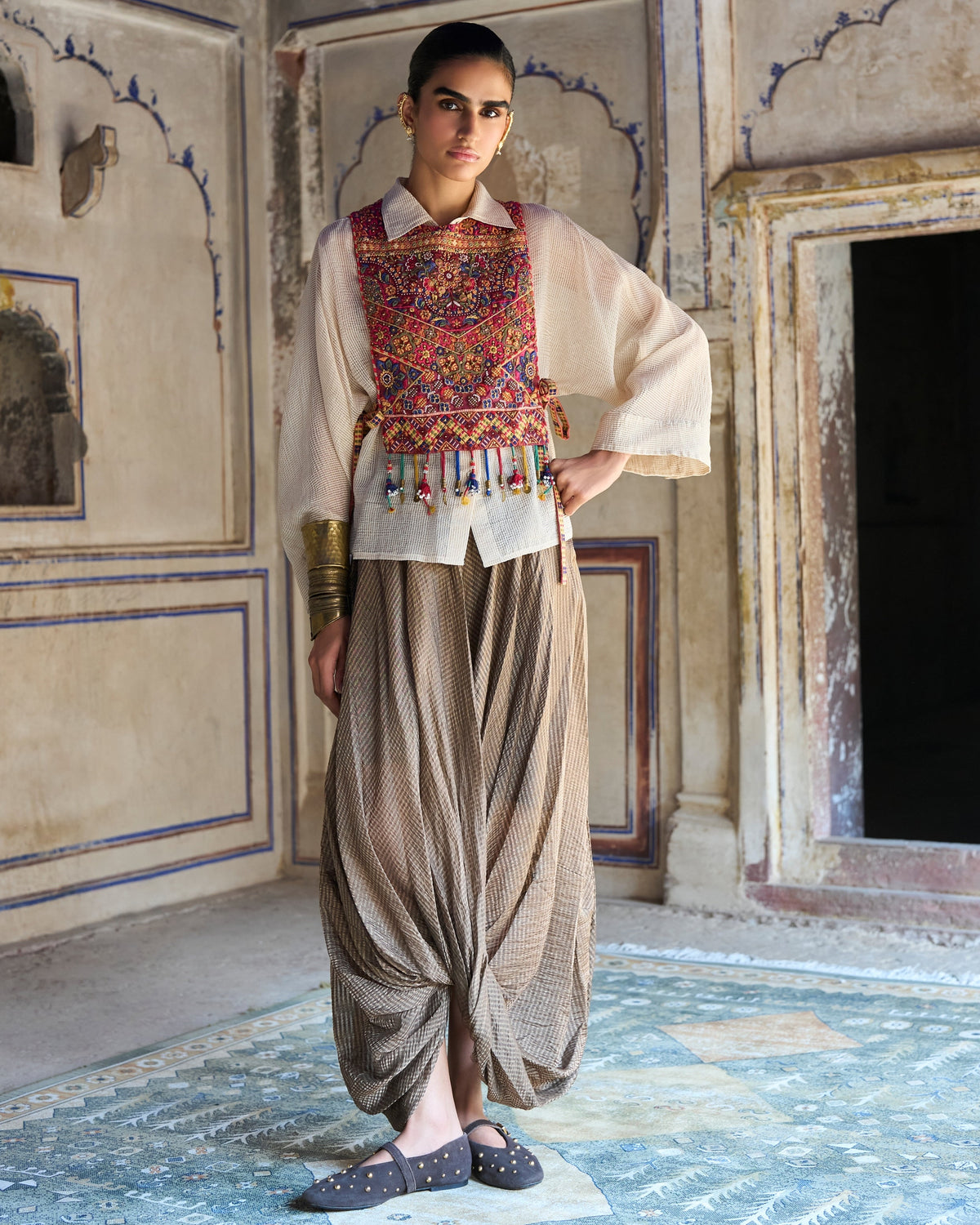 Multicolour Embroidered Cowl Pant Set