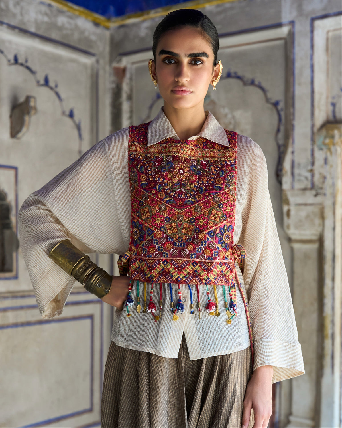 Multicolour Embroidered Cowl Pant Set