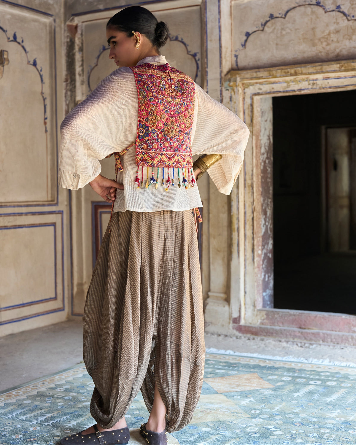 Multicolour Embroidered Cowl Pant Set