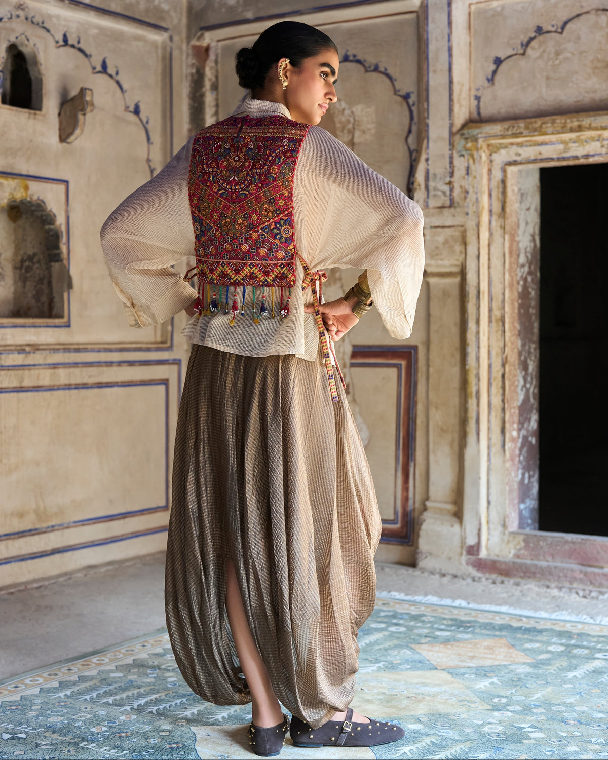 Multicolour Embroidered Cowl Pant Set