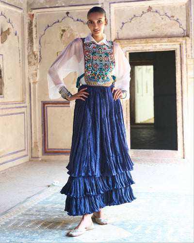 Teal Embroidered Bib Skirt Set