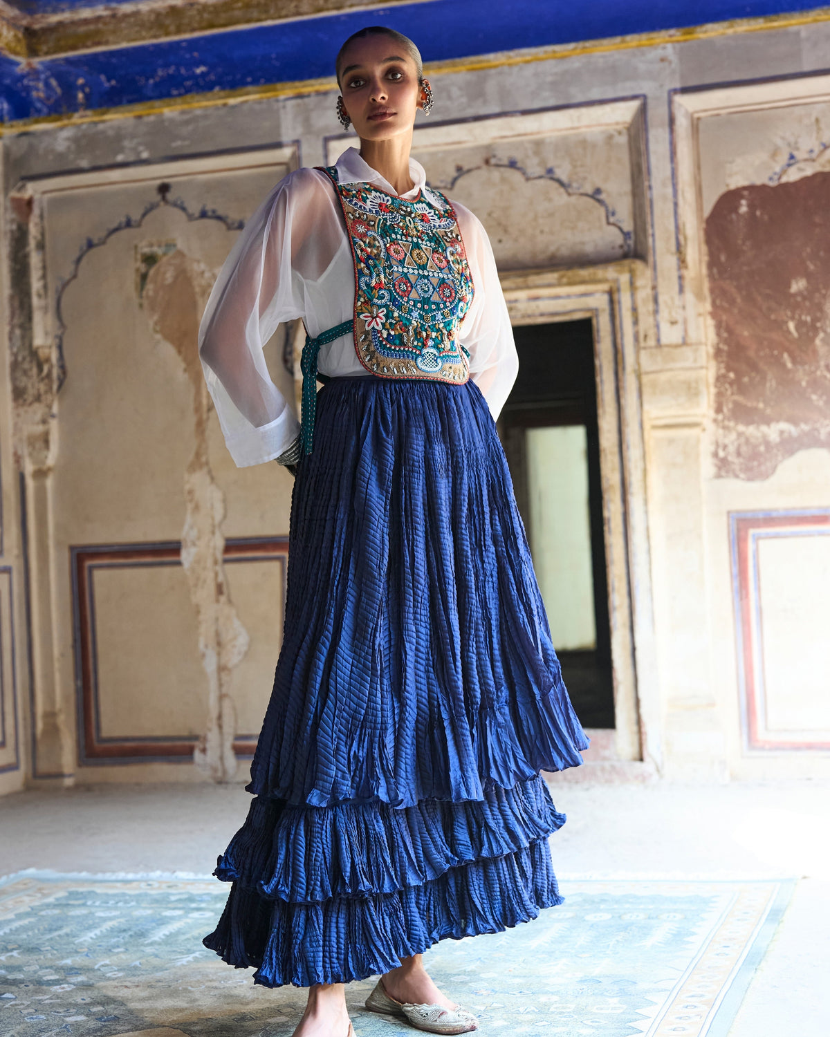 Teal Embroidered Bib Skirt Set