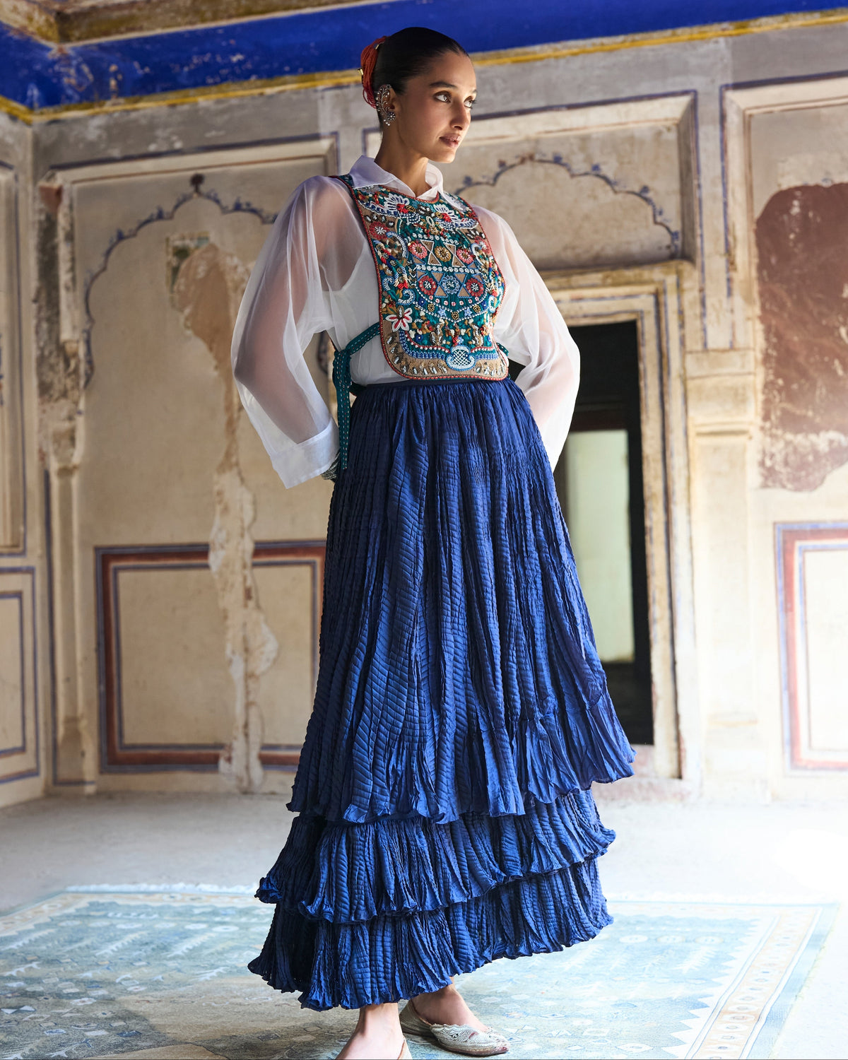 Teal Embroidered Bib Skirt Set