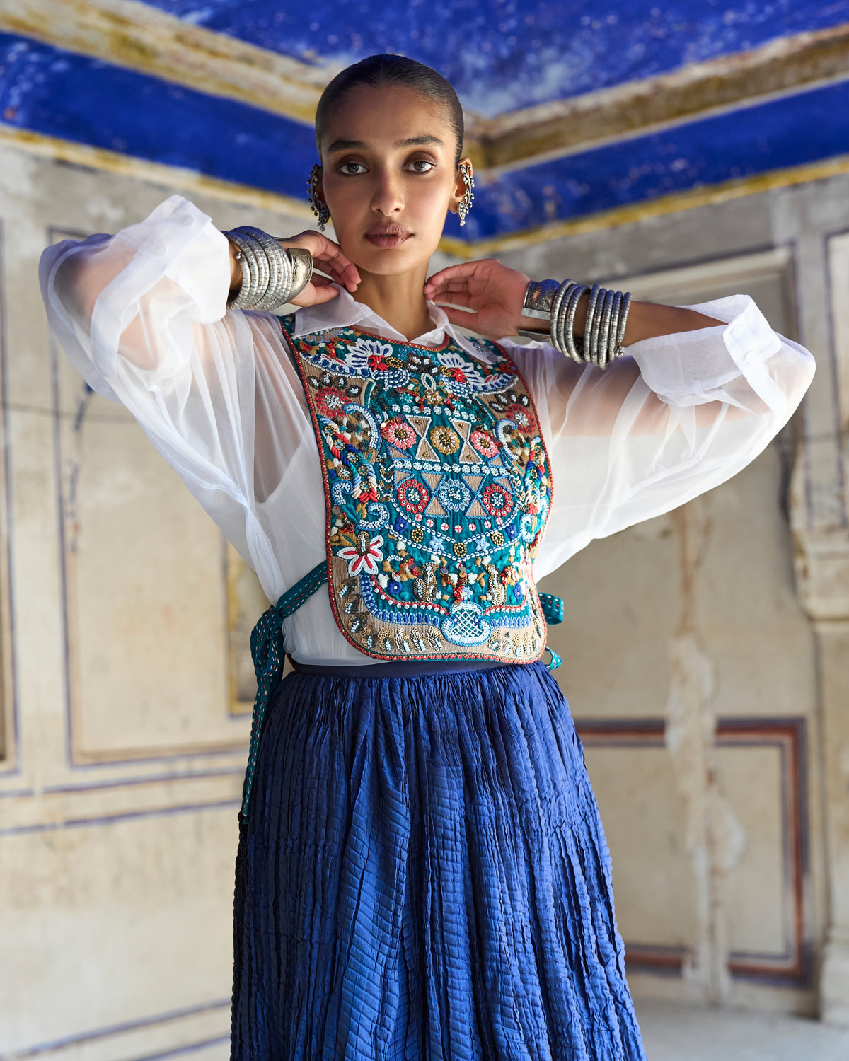 Teal Embroidered Bib Skirt Set