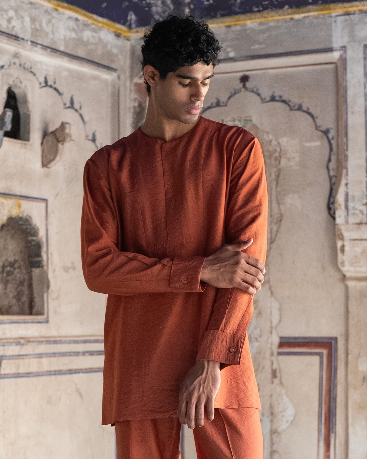 Rust Textured Shirt Kurta Set