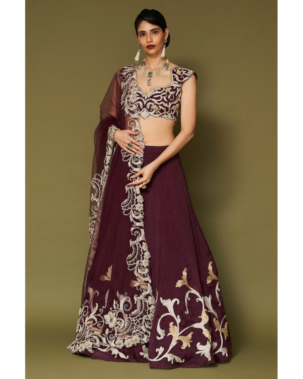 Wine Embroidered Silk Organza Lehenga Set