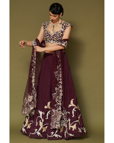 Wine Embroidered Silk Organza Lehenga Set