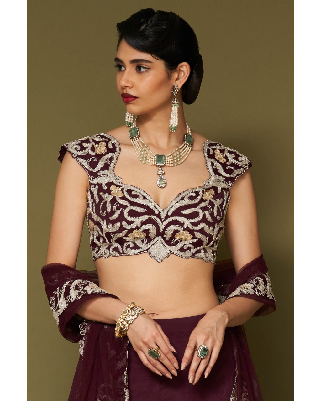 Wine Embroidered Silk Organza Lehenga Set