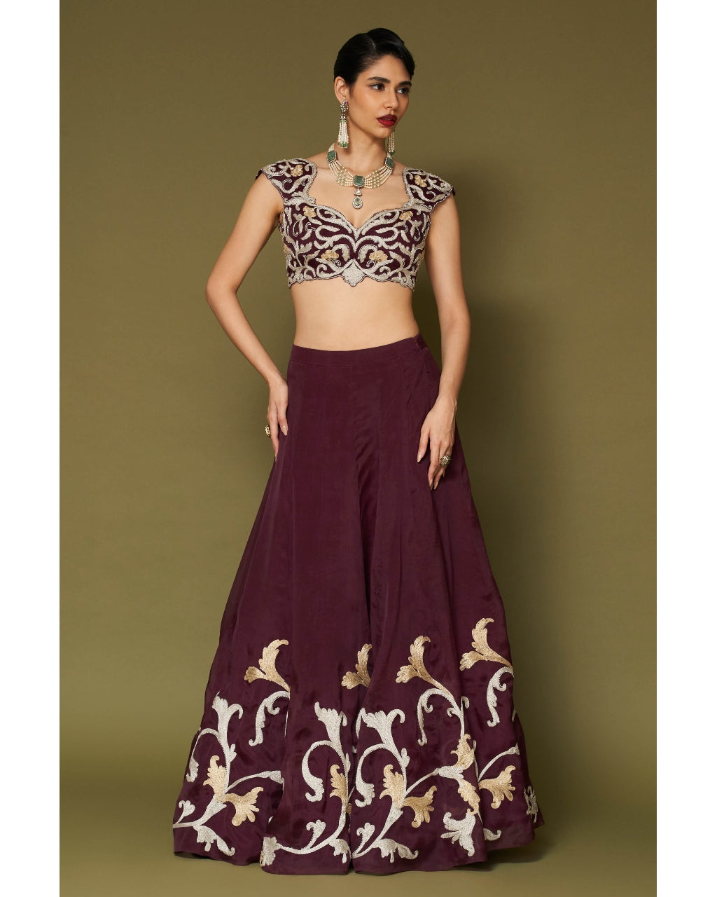 Wine Embroidered Silk Organza Lehenga Set