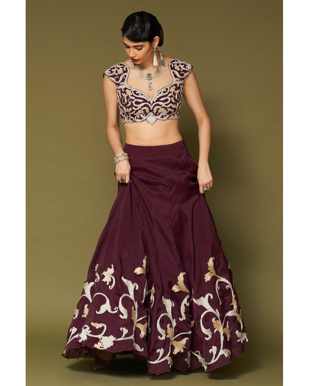 Wine Embroidered Silk Organza Lehenga Set
