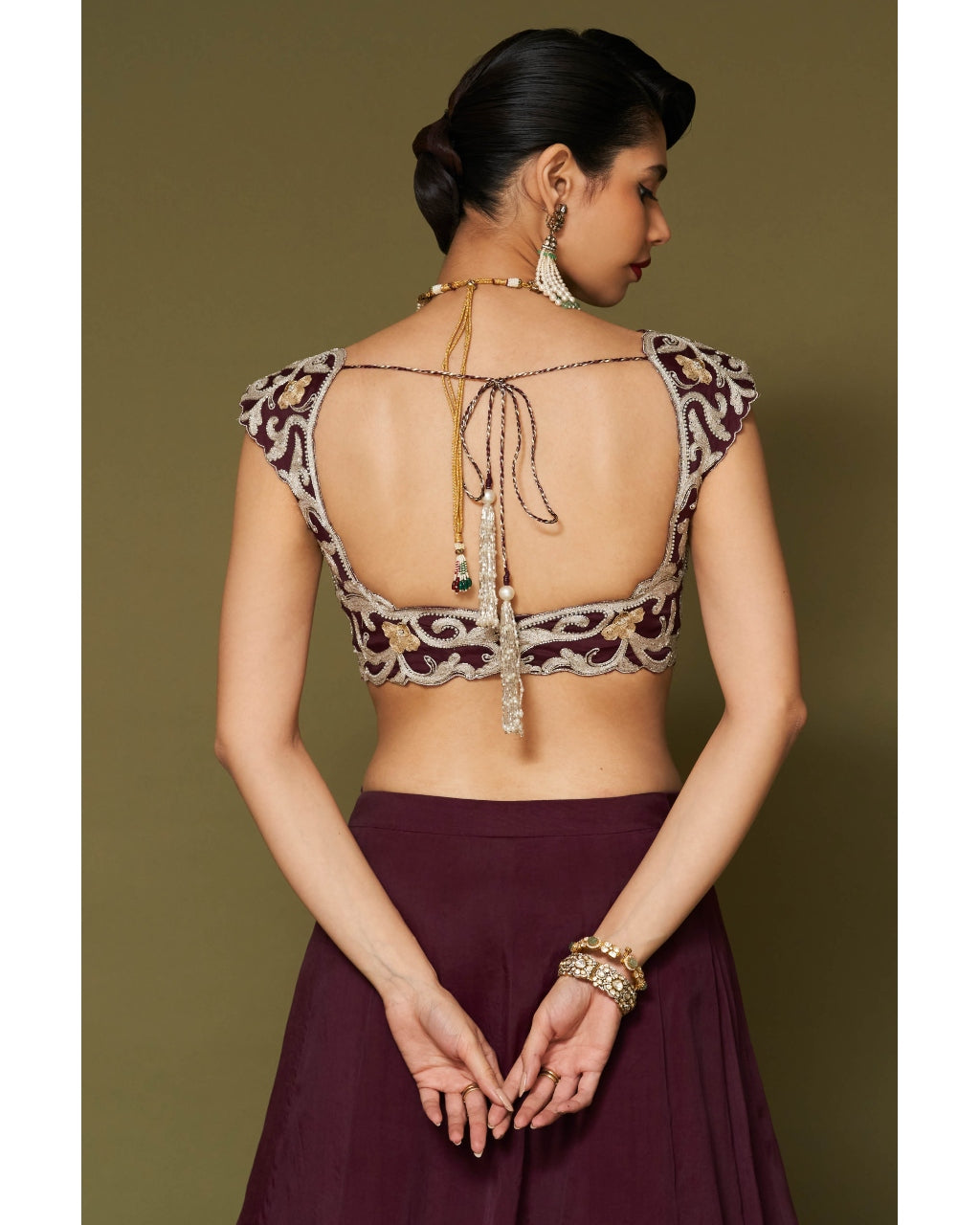 Wine Embroidered Silk Organza Lehenga Set