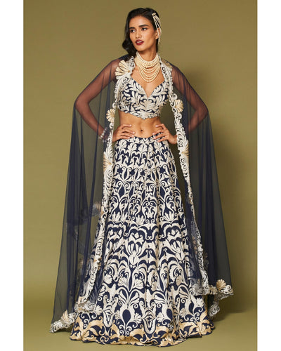 Midnight Navy Embroidered Georgette Lehenga Set