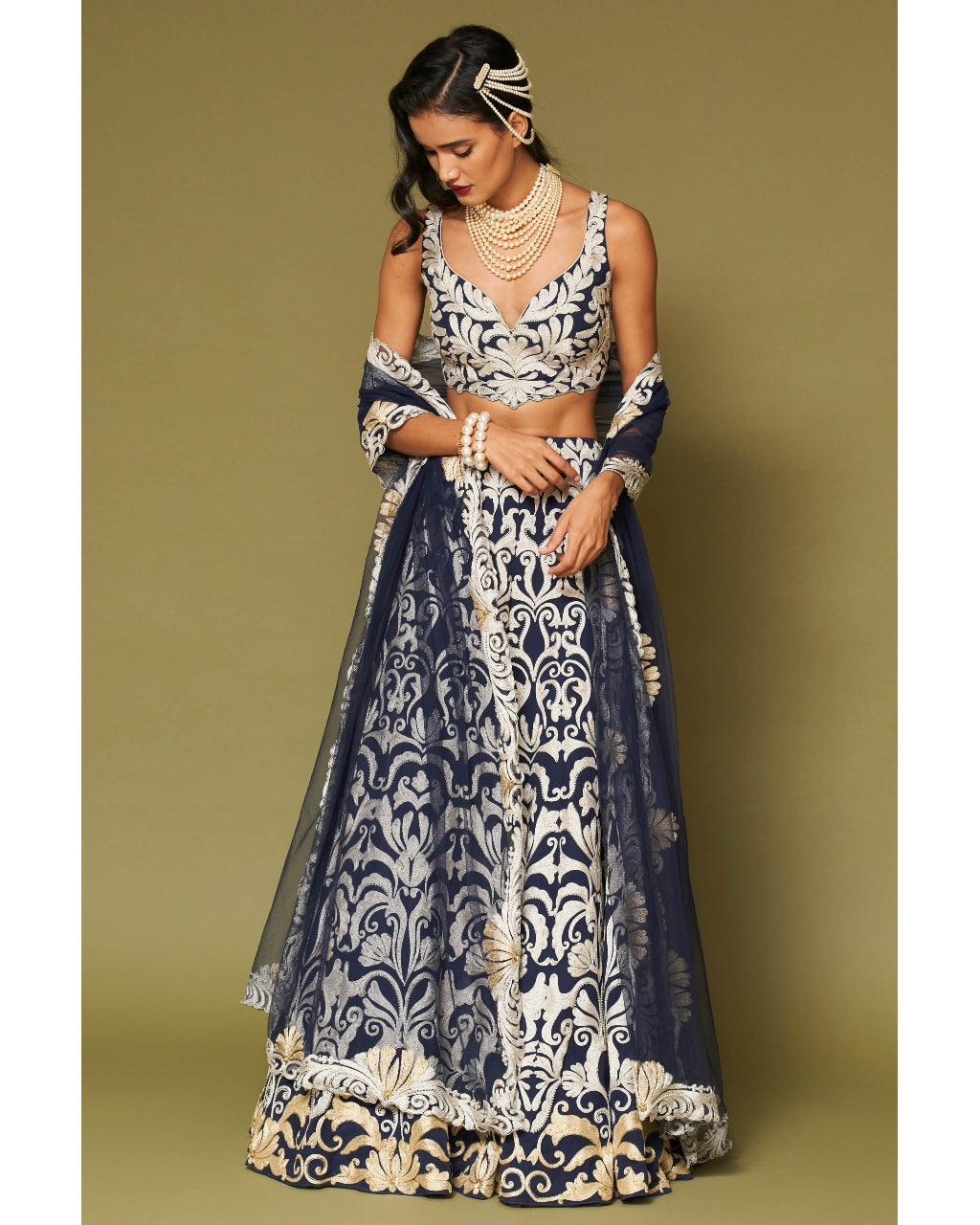 Midnight Navy Embroidered Georgette Lehenga Set