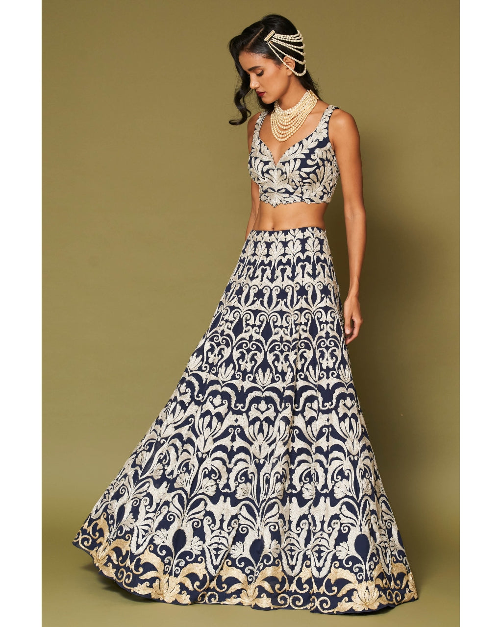 Midnight Navy Embroidered Georgette Lehenga Set