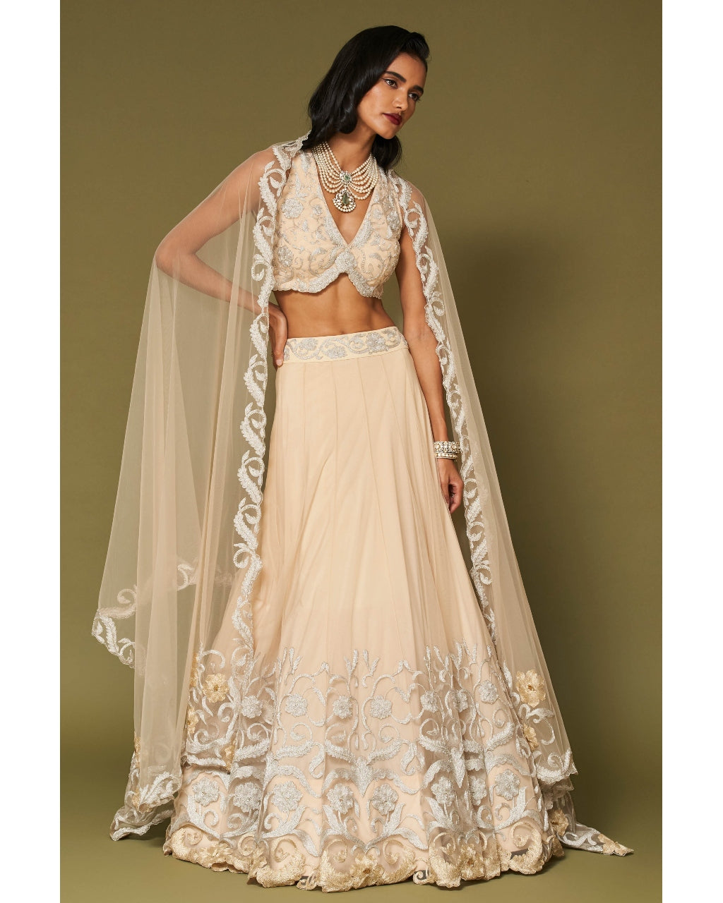 Almond Embroidered Tulle Lehenga Set
