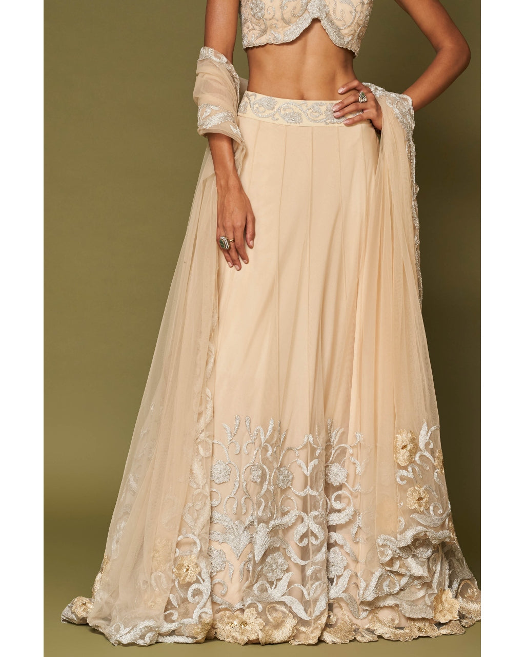 Almond Embroidered Tulle Lehenga Set