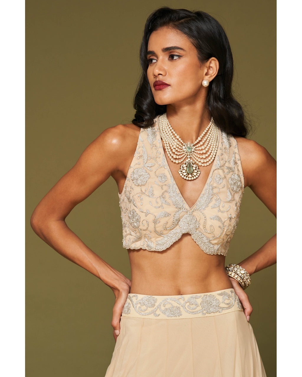 Almond Embroidered Tulle Lehenga Set