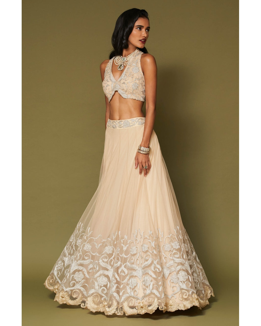 Almond Embroidered Tulle Lehenga Set