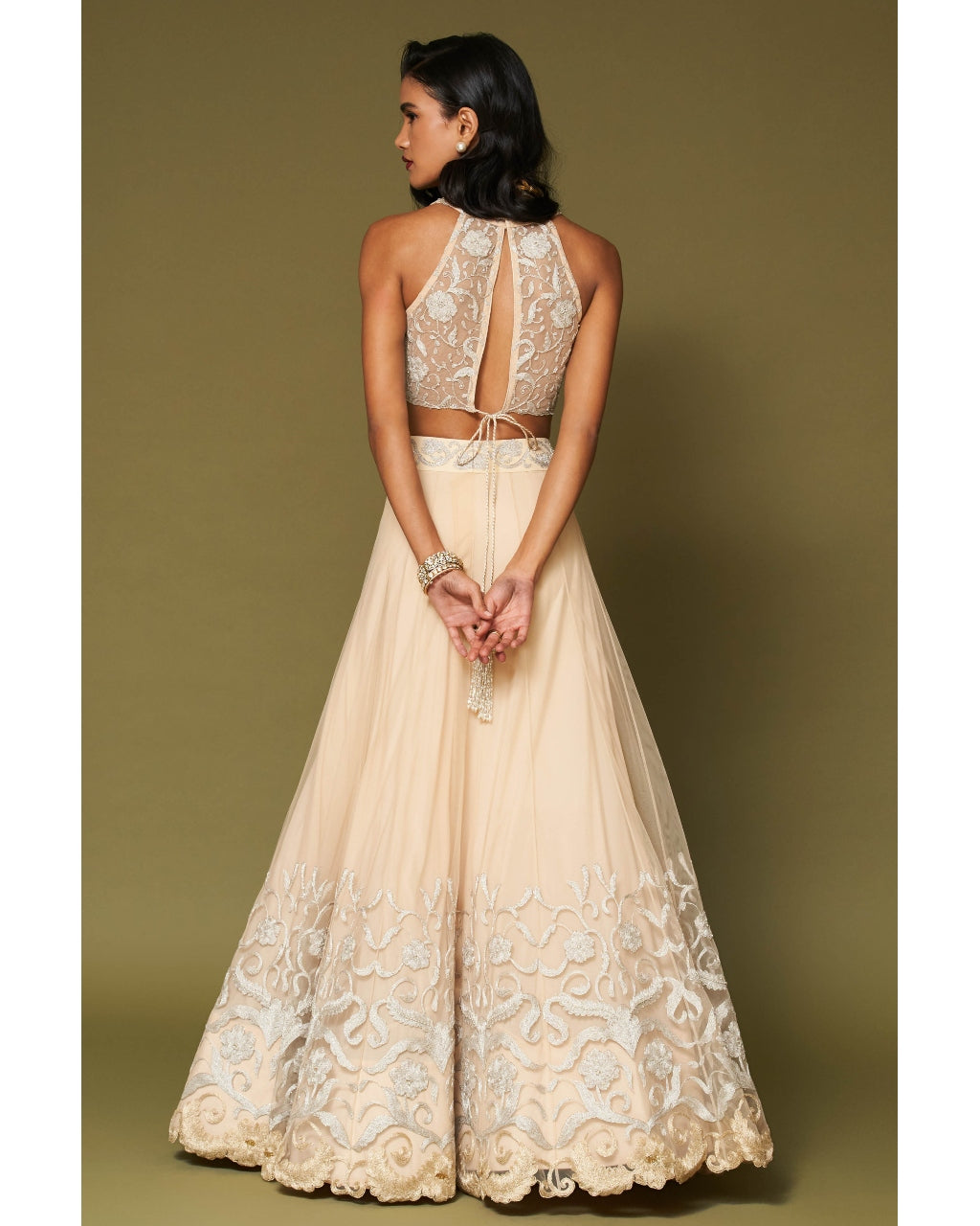 Almond Embroidered Tulle Lehenga Set