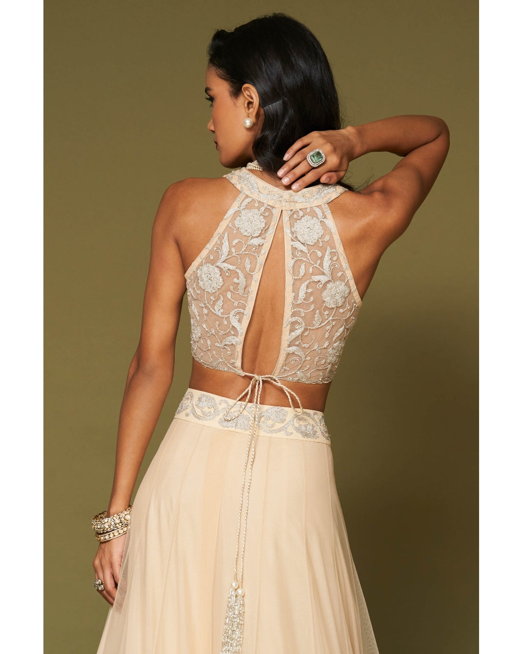 Almond Embroidered Tulle Lehenga Set