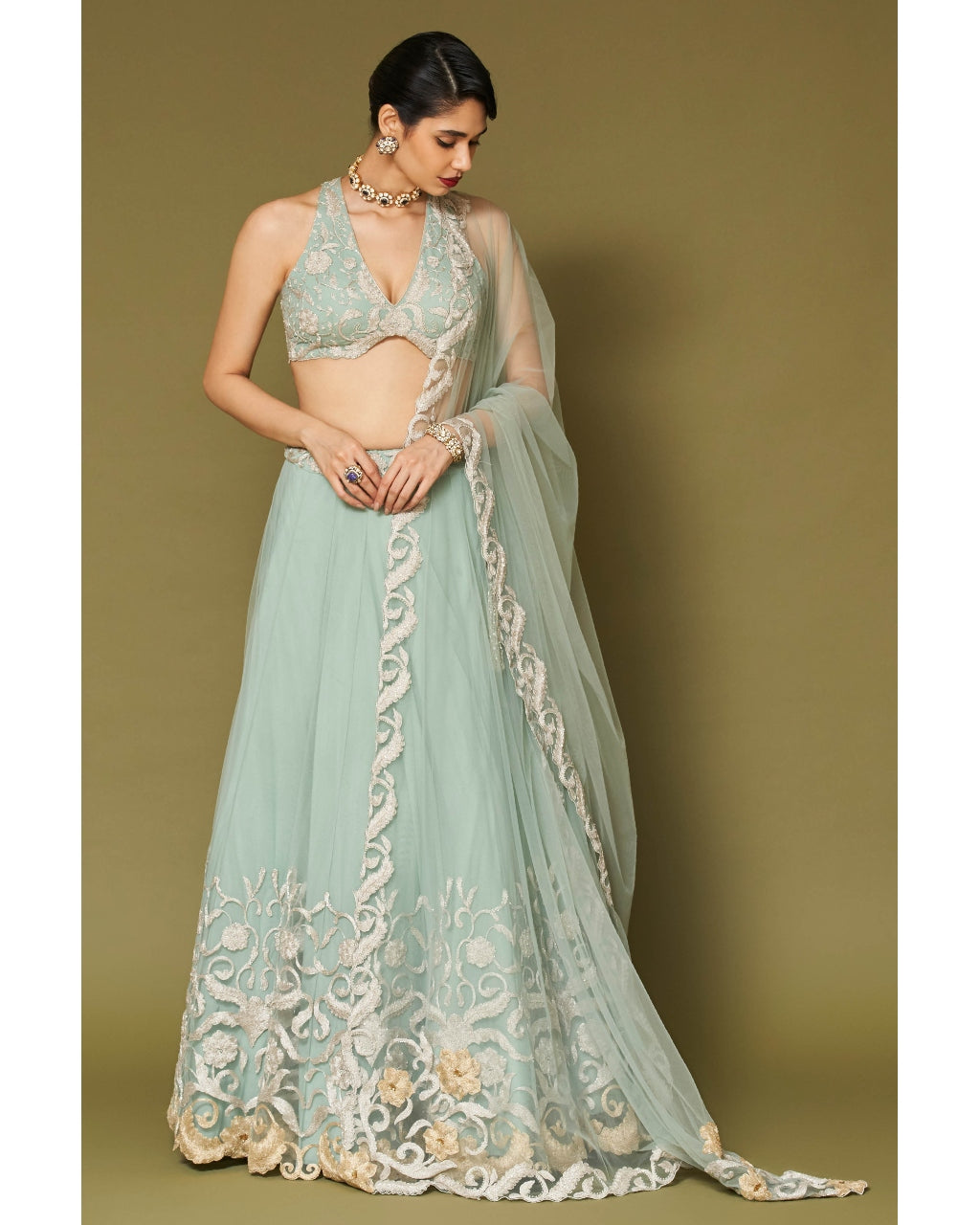 Aqua Embroidered Tulle Lehenga Set