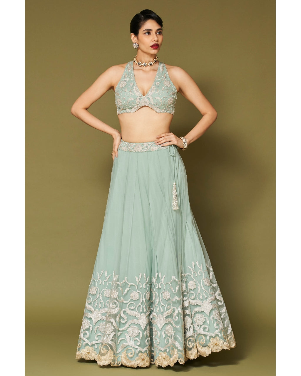 Aqua Embroidered Tulle Lehenga Set