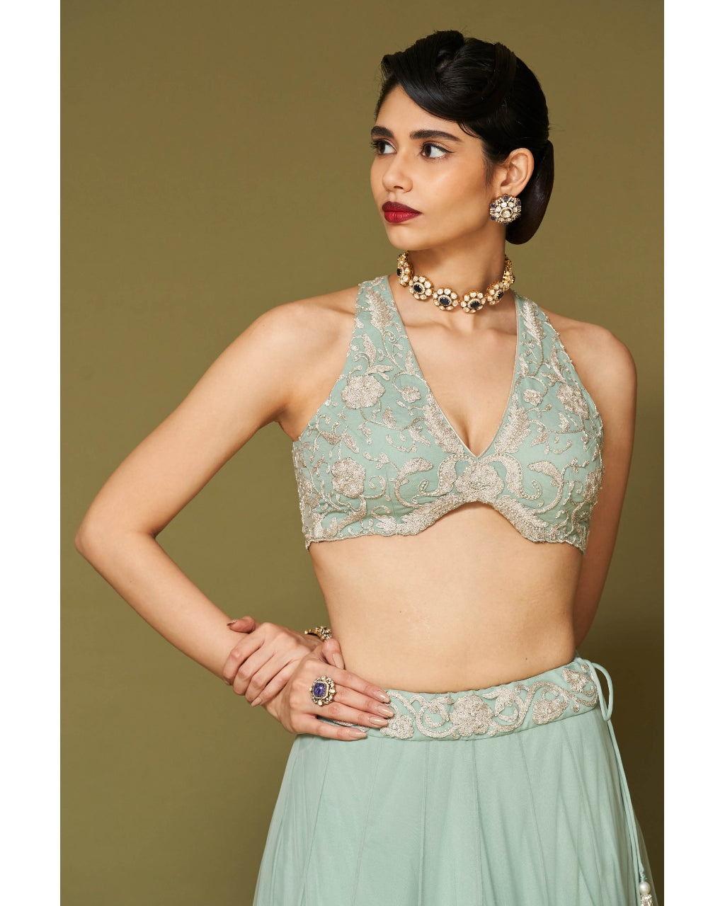 Aqua Embroidered Tulle Lehenga Set