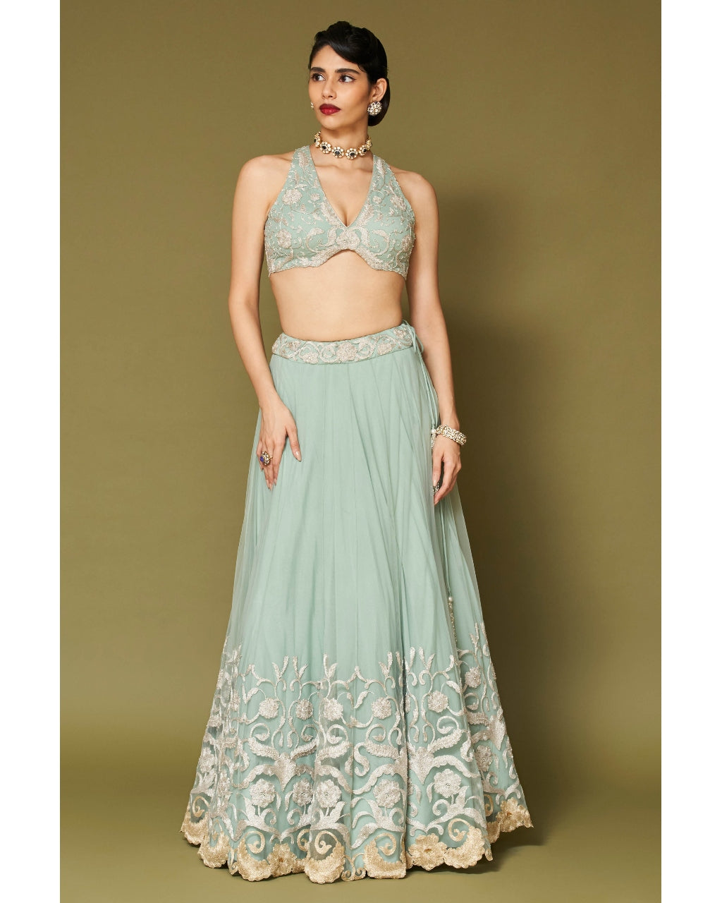 Aqua Embroidered Tulle Lehenga Set