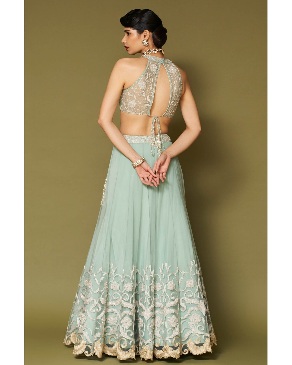 Aqua Embroidered Tulle Lehenga Set