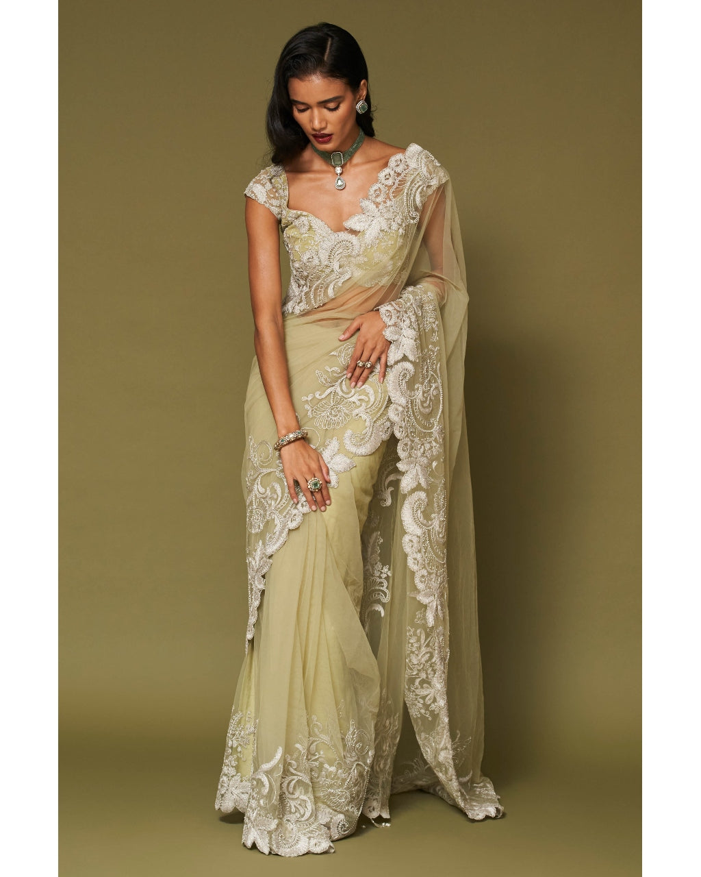 Pistachio Embroidered Tulle Sari Set