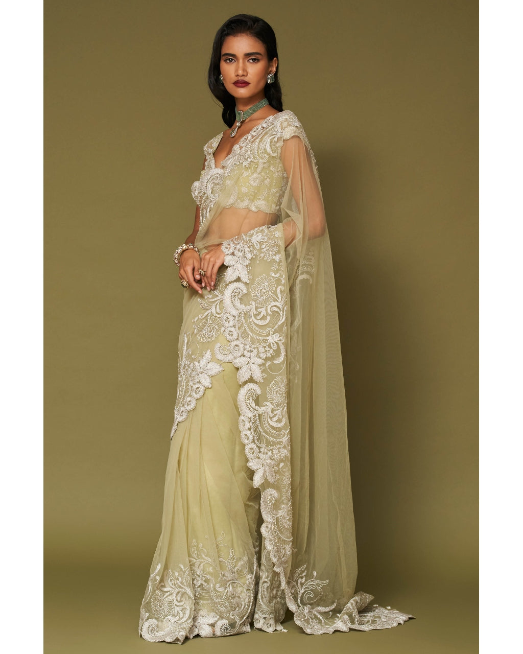 Pistachio Embroidered Tulle Sari Set