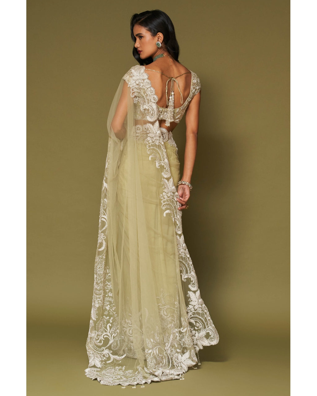 Pistachio Embroidered Tulle Sari Set