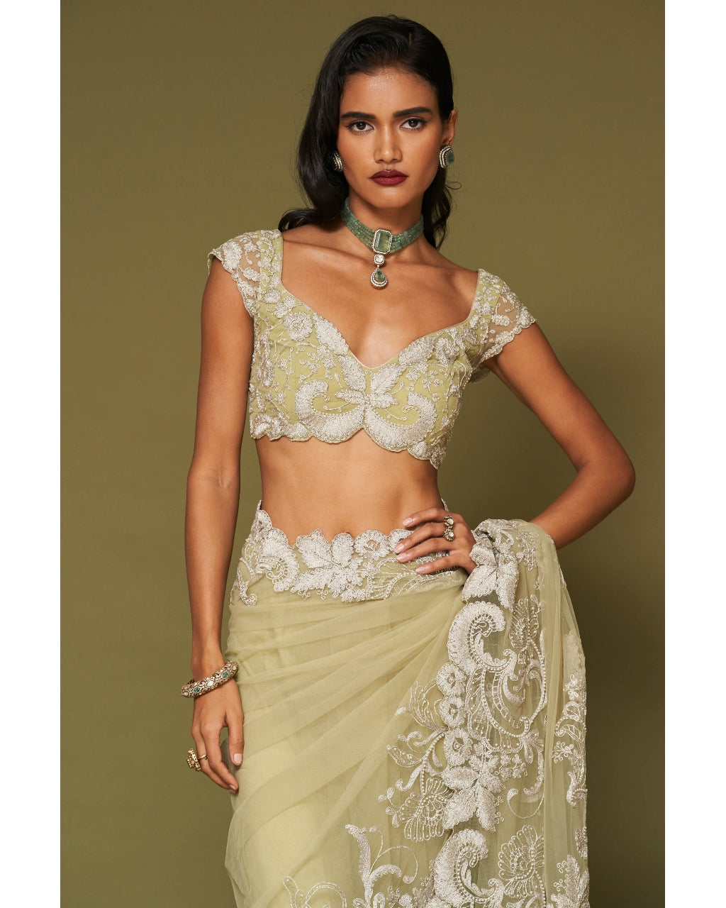 Pistachio Embroidered Tulle Sari Set