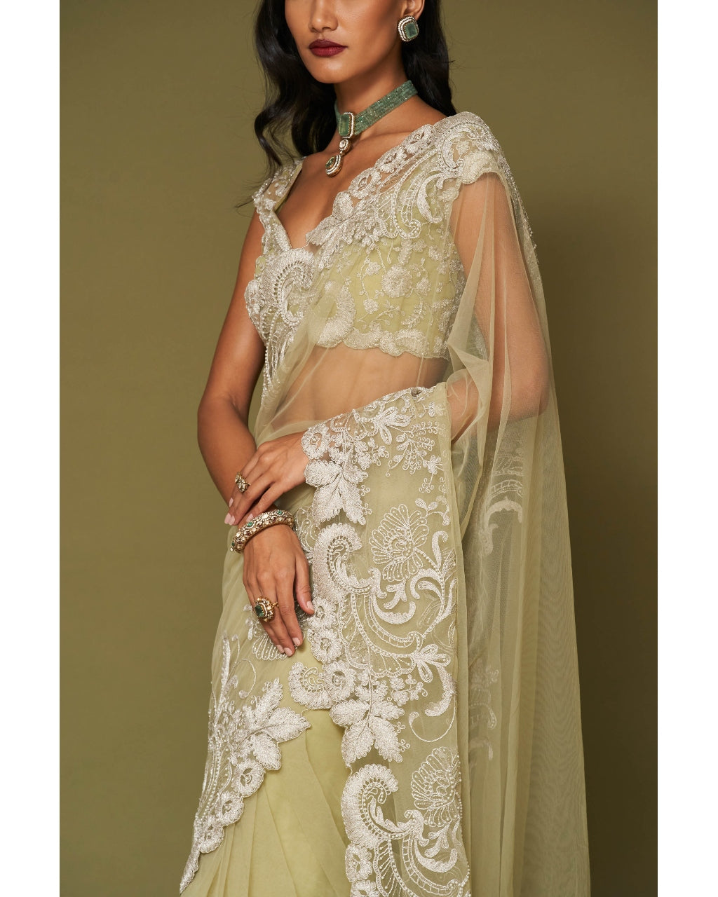 Pistachio Embroidered Tulle Sari Set