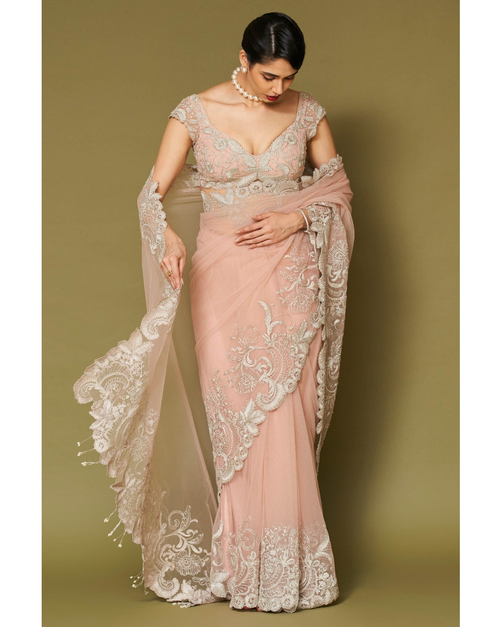 Blush Pink Embroidered Tulle Sari Set