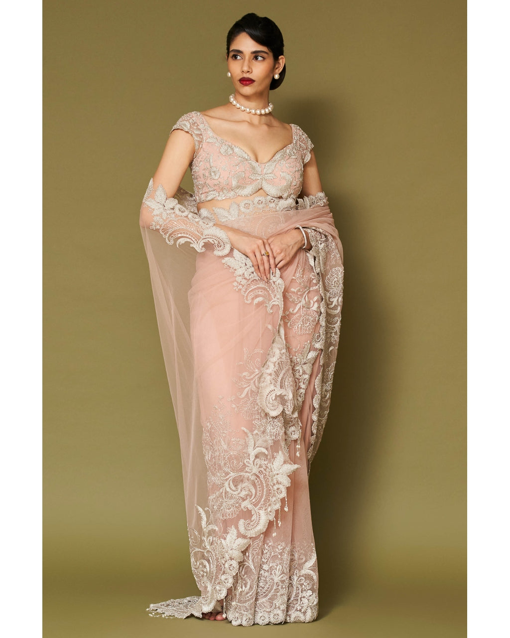 Blush Pink Embroidered Tulle Sari Set