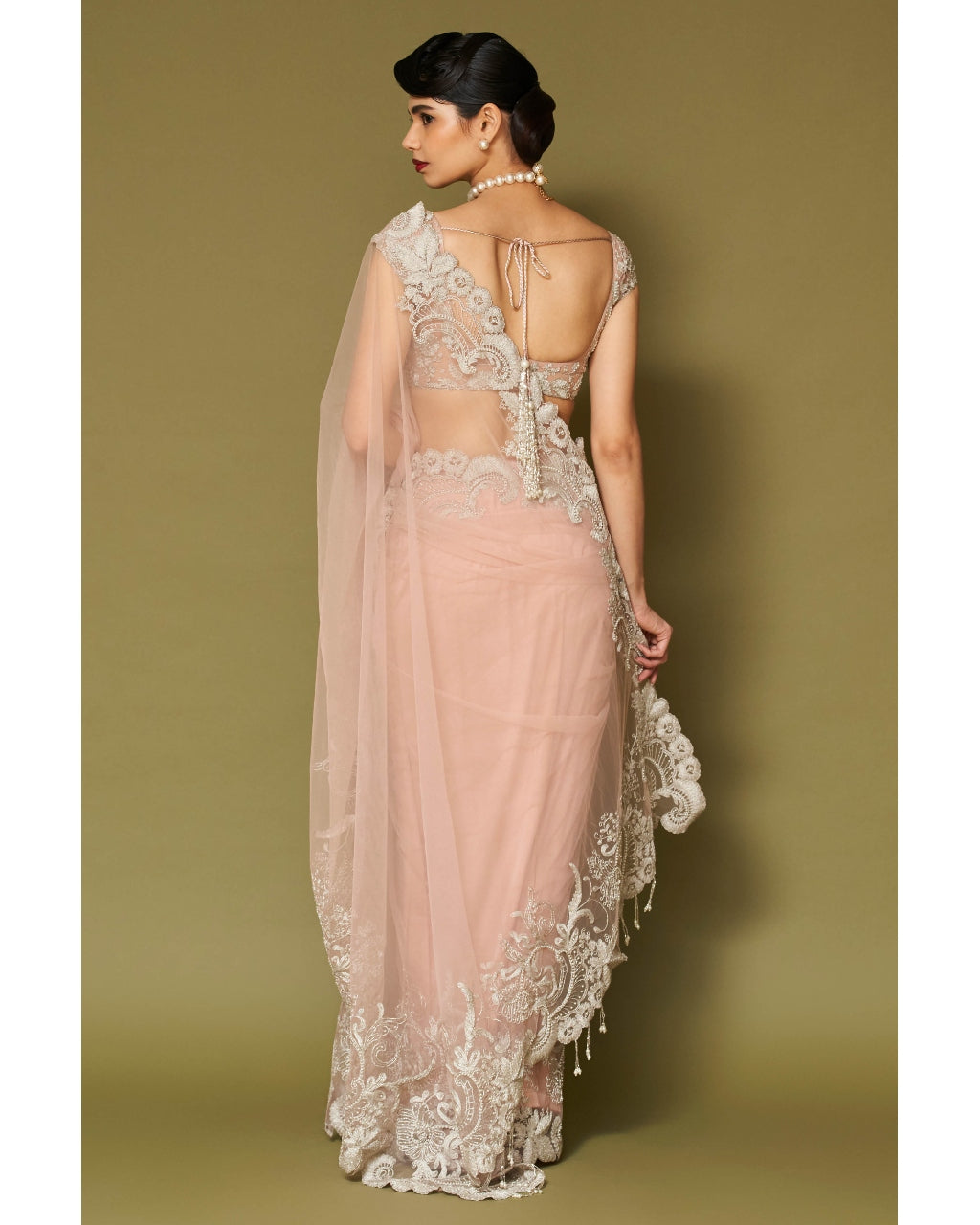 Blush Pink Embroidered Tulle Sari Set