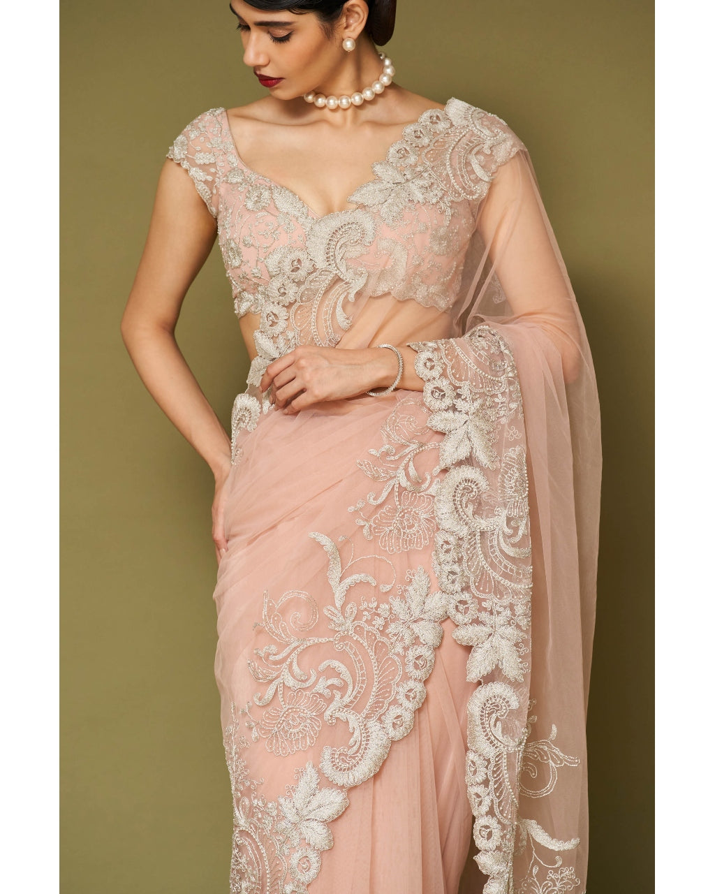 Blush Pink Embroidered Tulle Sari Set