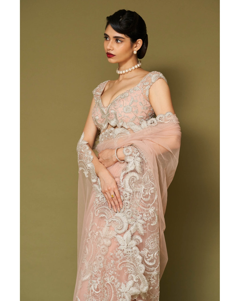 Blush Pink Embroidered Tulle Sari Set