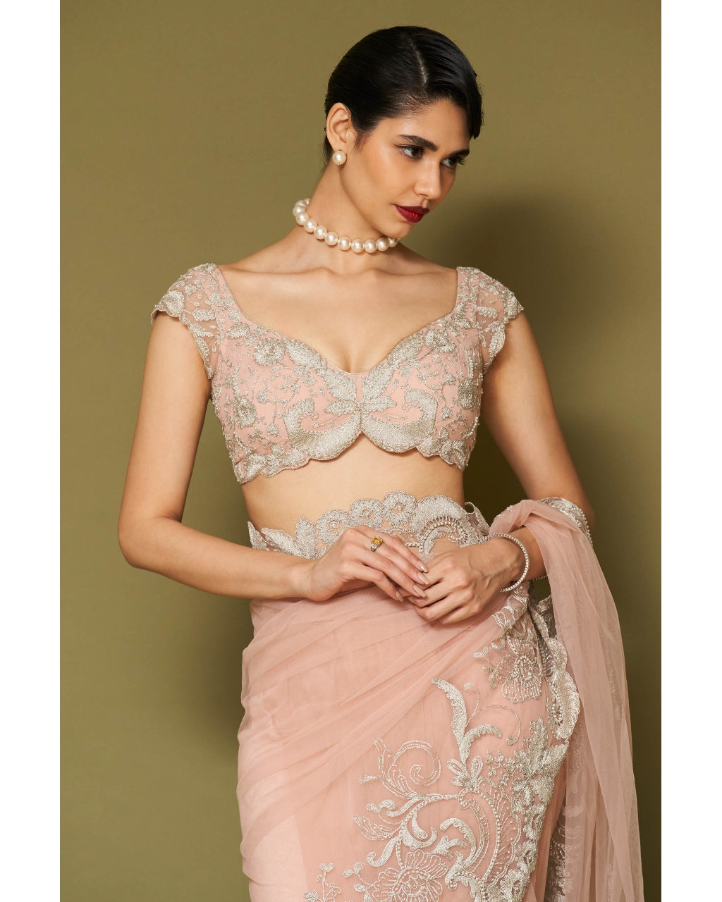 Blush Pink Embroidered Tulle Sari Set