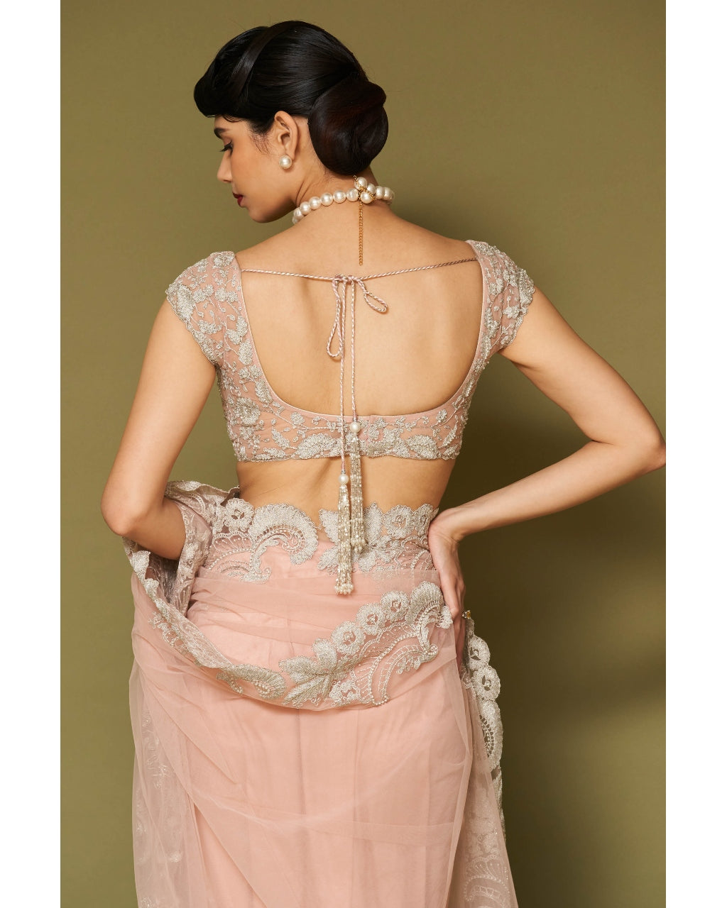 Blush Pink Embroidered Tulle Sari Set