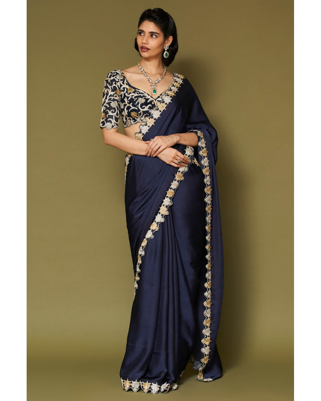 Midnight Navy Embroidered Modal Satin Sari Set