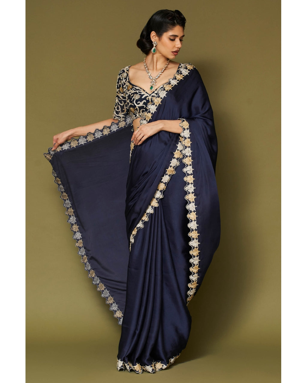 Midnight Navy Embroidered Modal Satin Sari Set