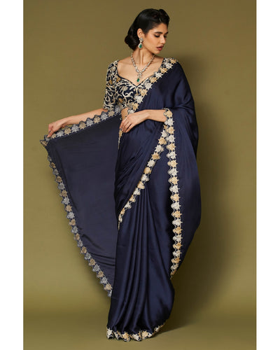 Midnight Navy Embroidered Modal Satin Sari Set