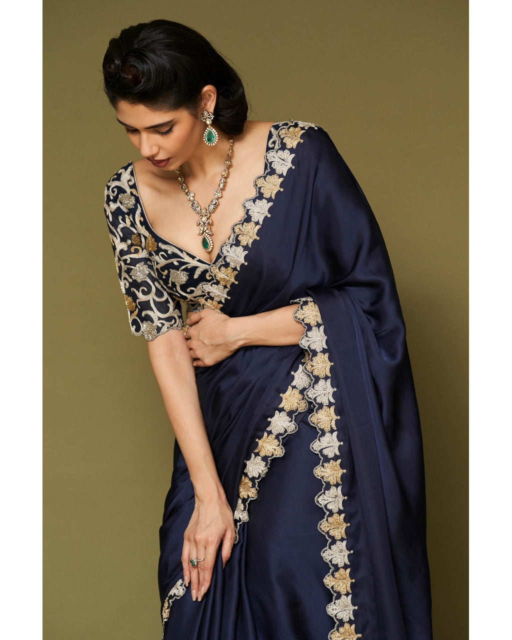 Midnight Navy Embroidered Modal Satin Sari Set