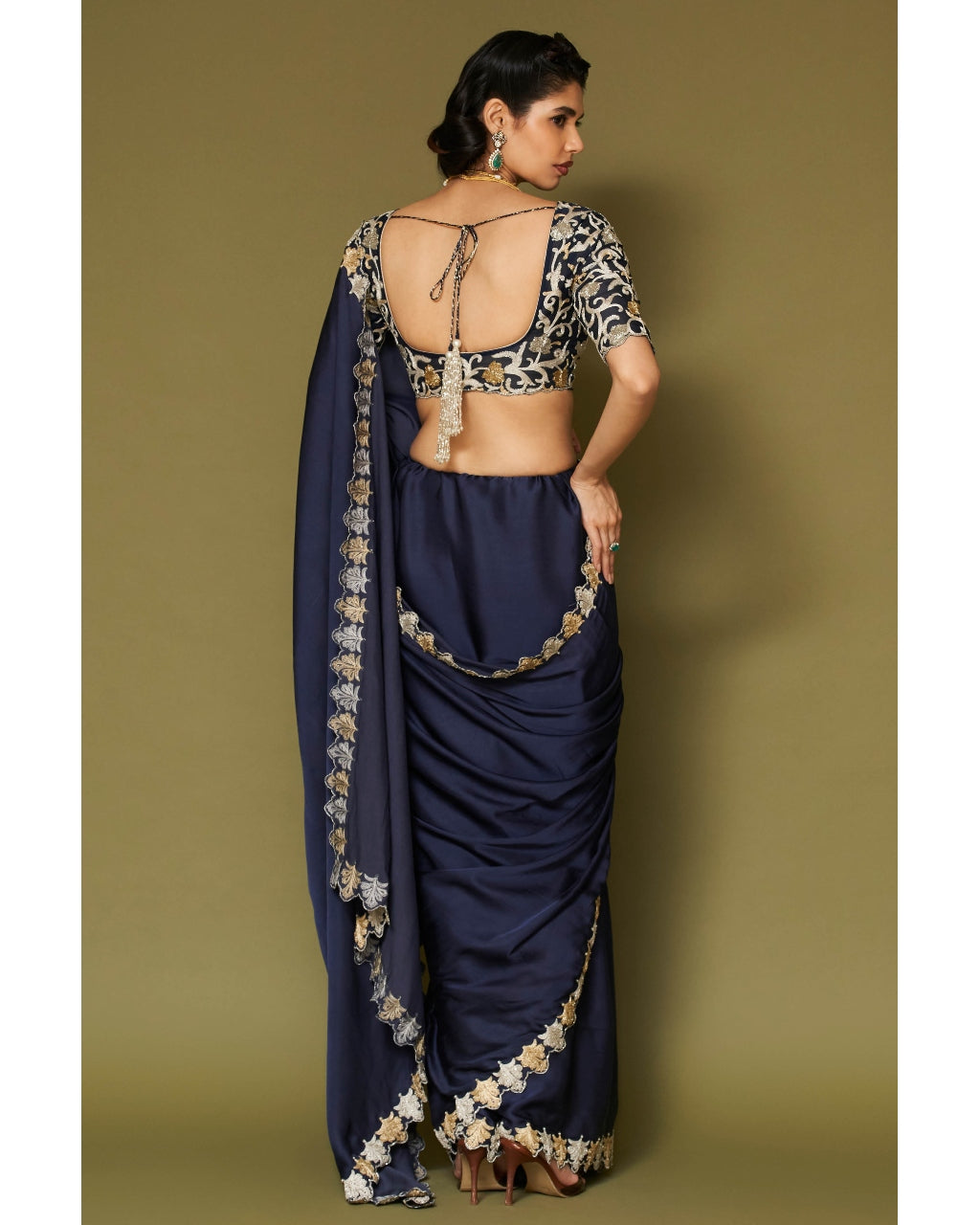 Midnight Navy Embroidered Modal Satin Sari Set