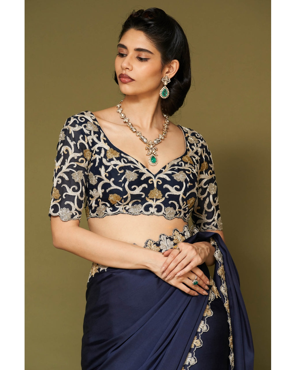 Midnight Navy Embroidered Modal Satin Sari Set